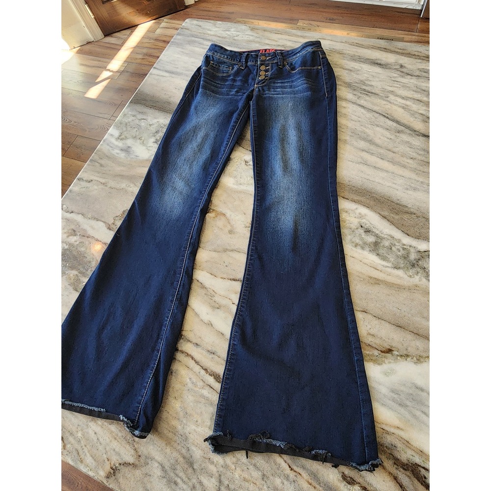 YMI Women Dark Wash Flare Jeans Exposed Button Fly Raw Hem Size 5 Blue Denim